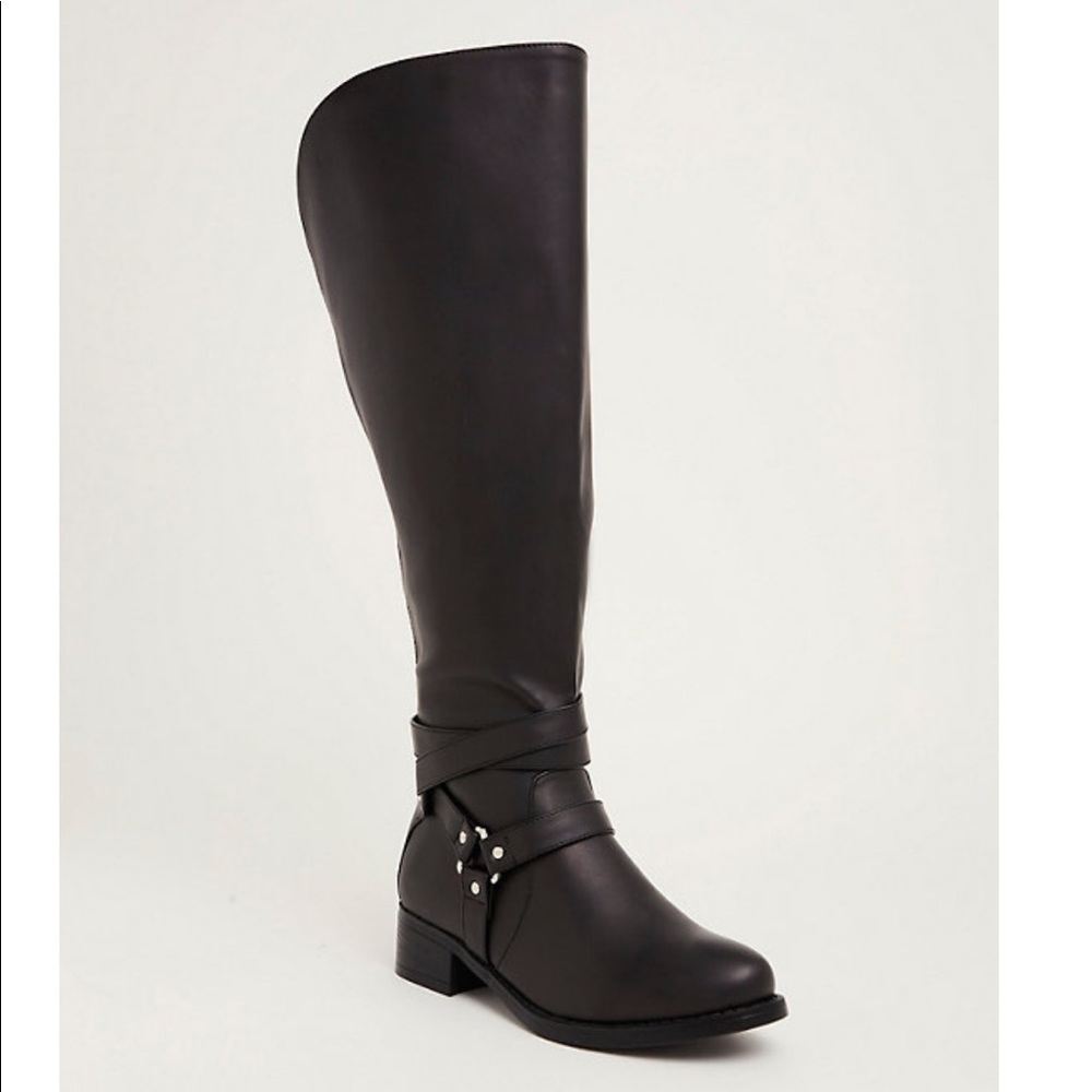 Wide calf black Torrid over-the-knee harness boots